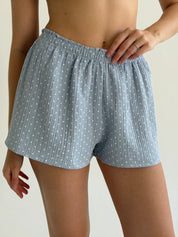 Muslin T-shirt and shorts suit, white on blue polka dots