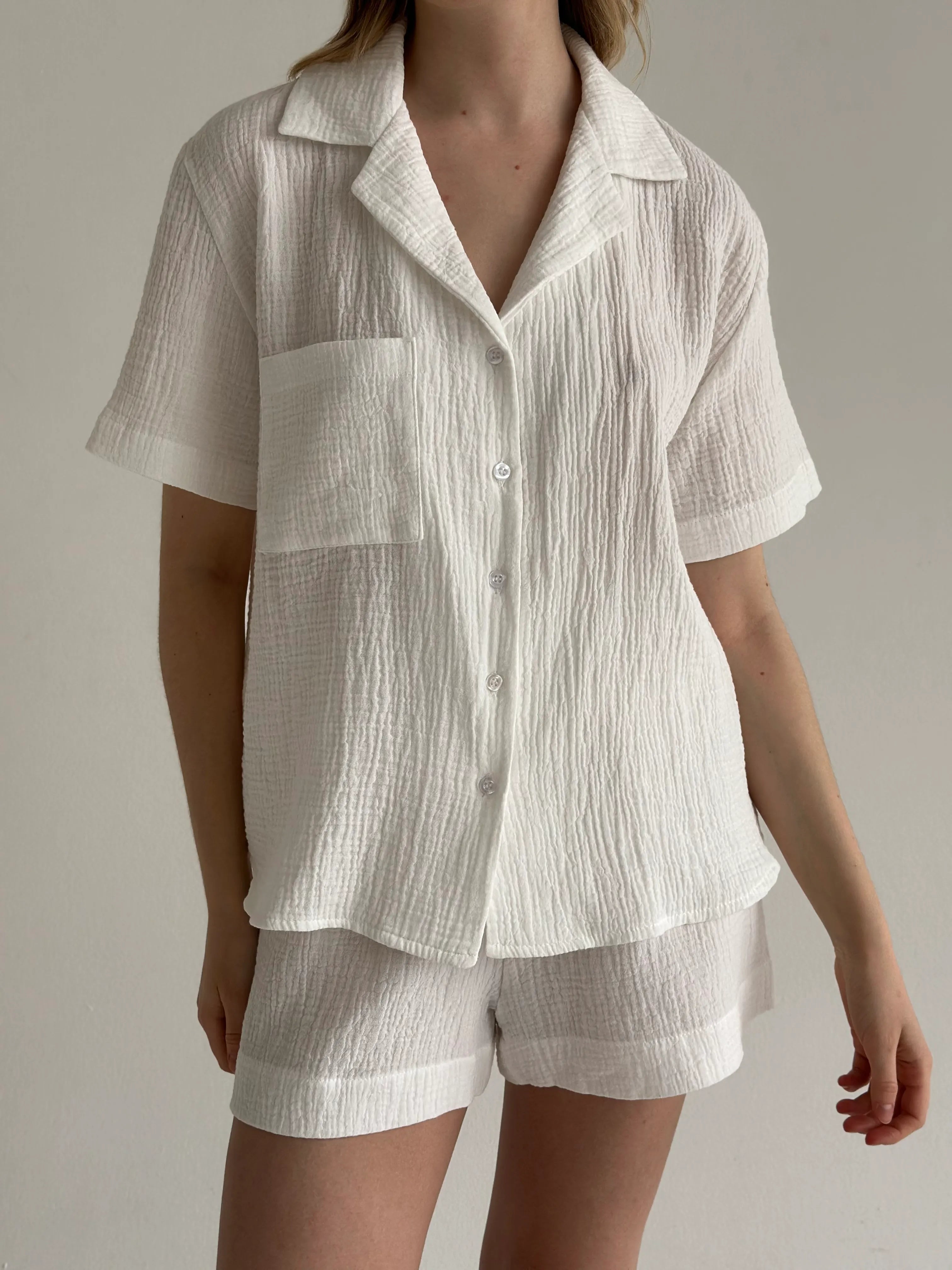 Muslin Set 2-layer Short Sleeve Shirt and Shorts White