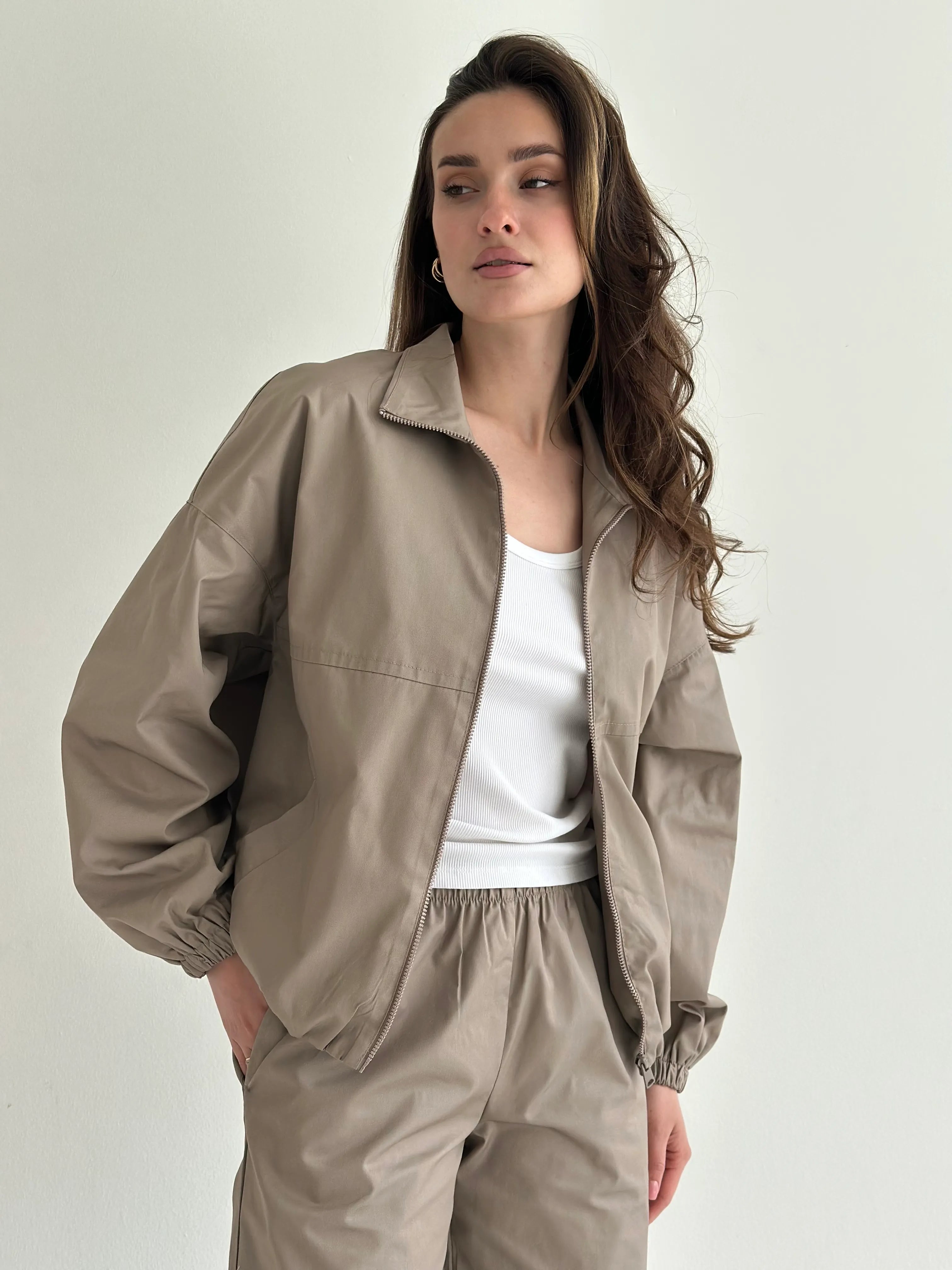 Beige Cotton Bomber Jacket and Pants Suit
