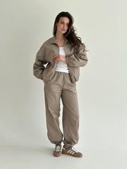 Beige Cotton Bomber Jacket and Pants Suit