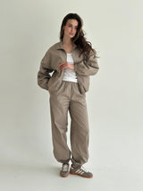 Beige Cotton Bomber Jacket and Pants Suit