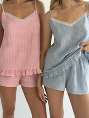 Muslin T-shirt and shorts suit, white on pink polka dots