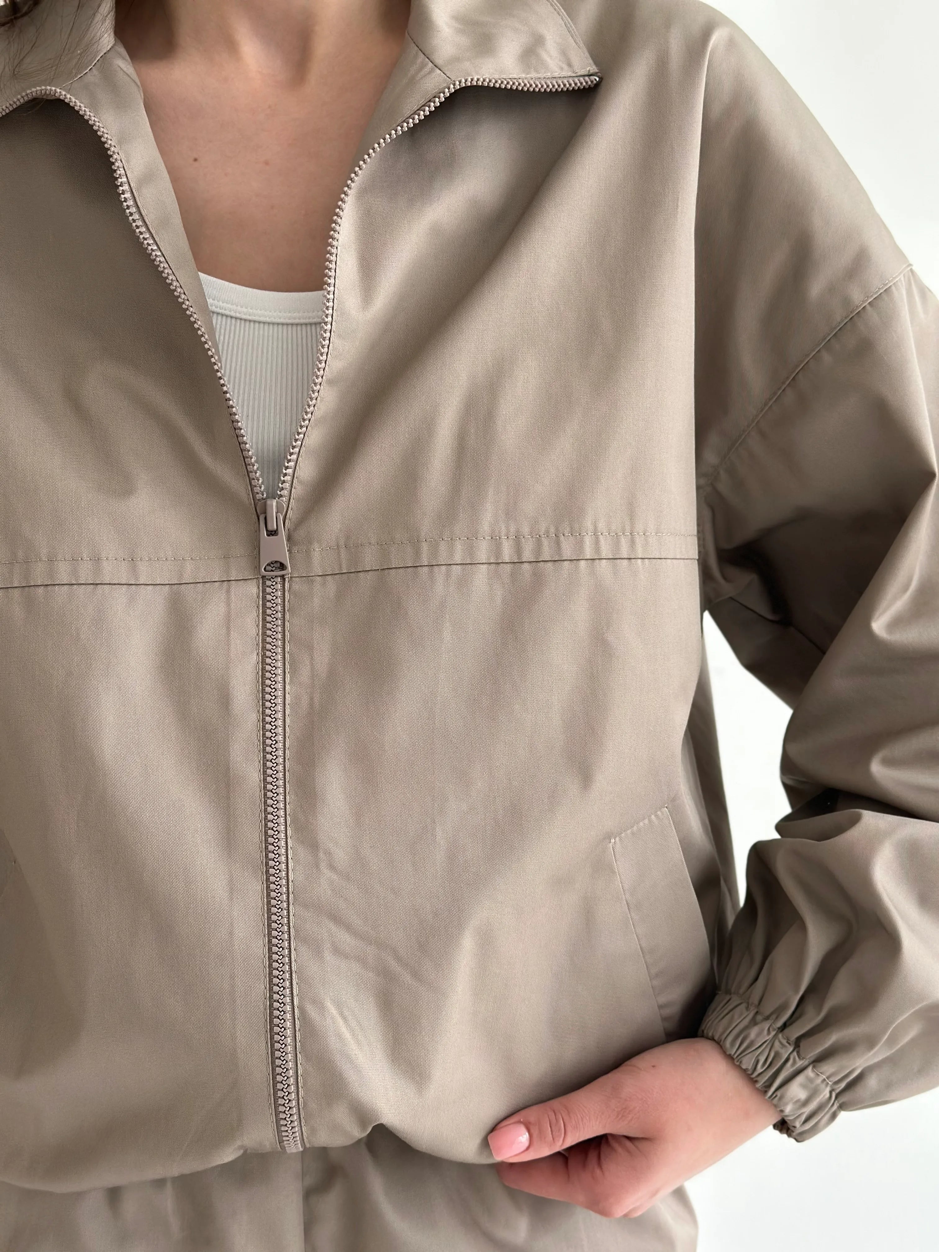 Beige Cotton Bomber Jacket and Pants Suit