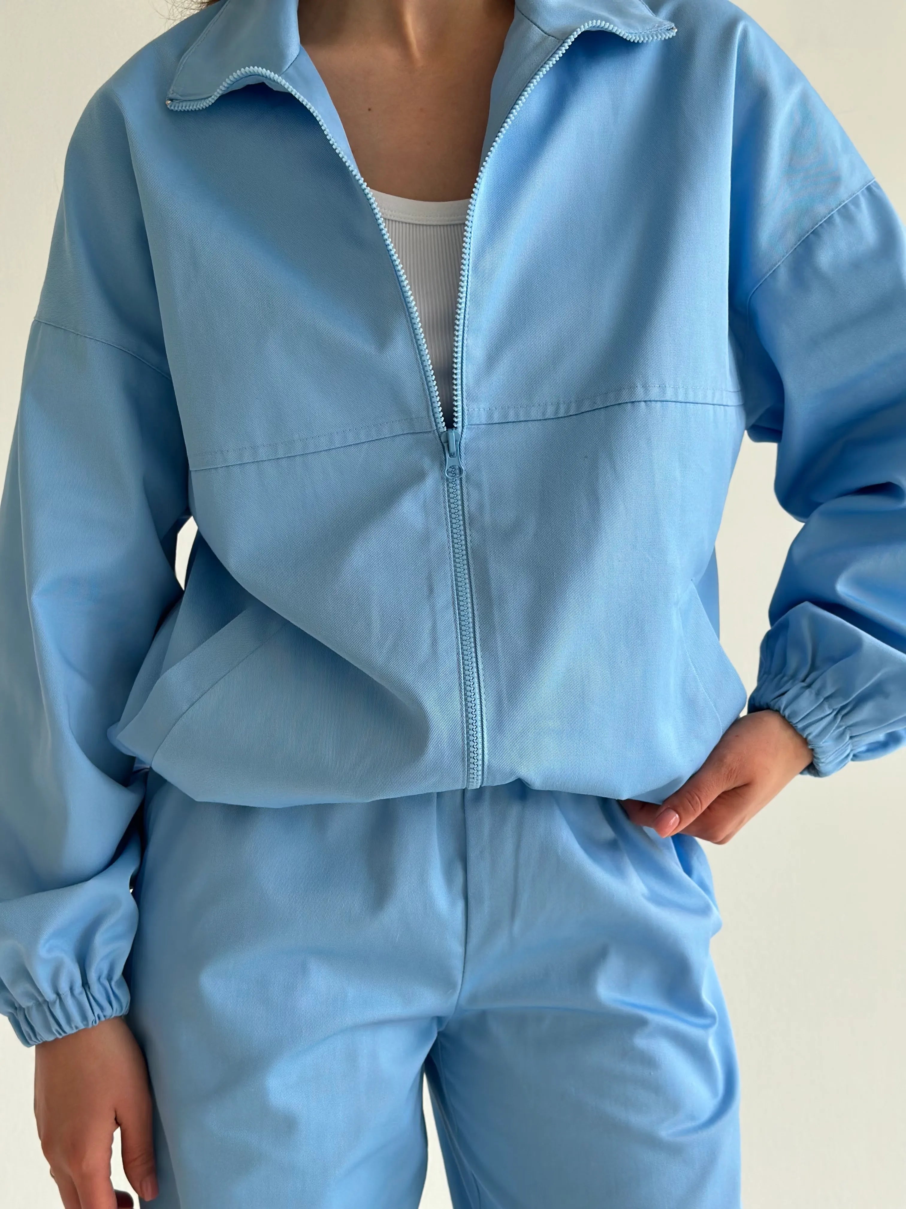 Light blue Cotton Bomber Jacket and Pants Suit