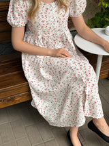 Muslin button dress, small flower on milky