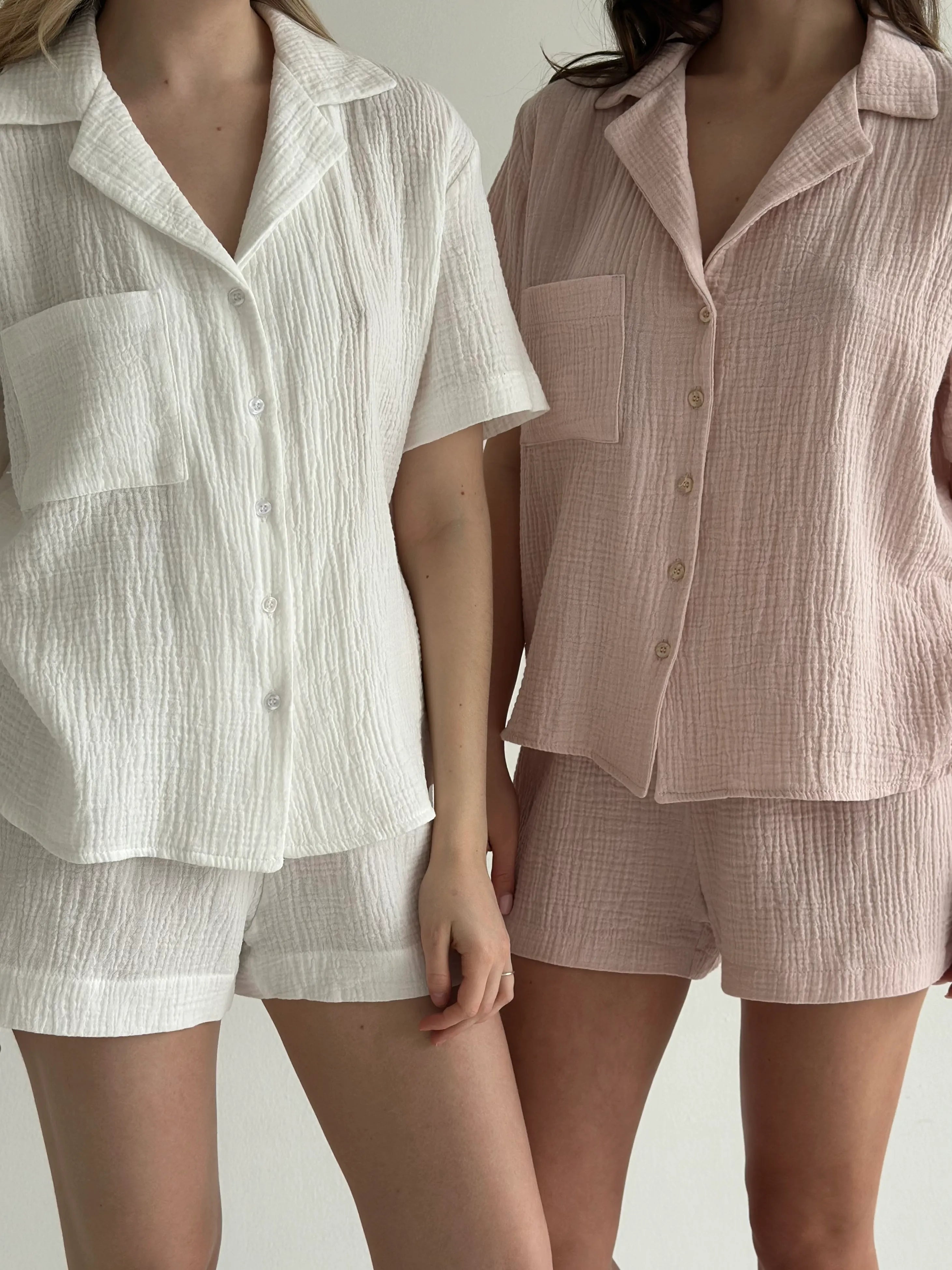 Muslin Set 2-layer Short Sleeve Shirt and Shorts White
