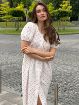 Buttoned dress muslin rose red small on milky