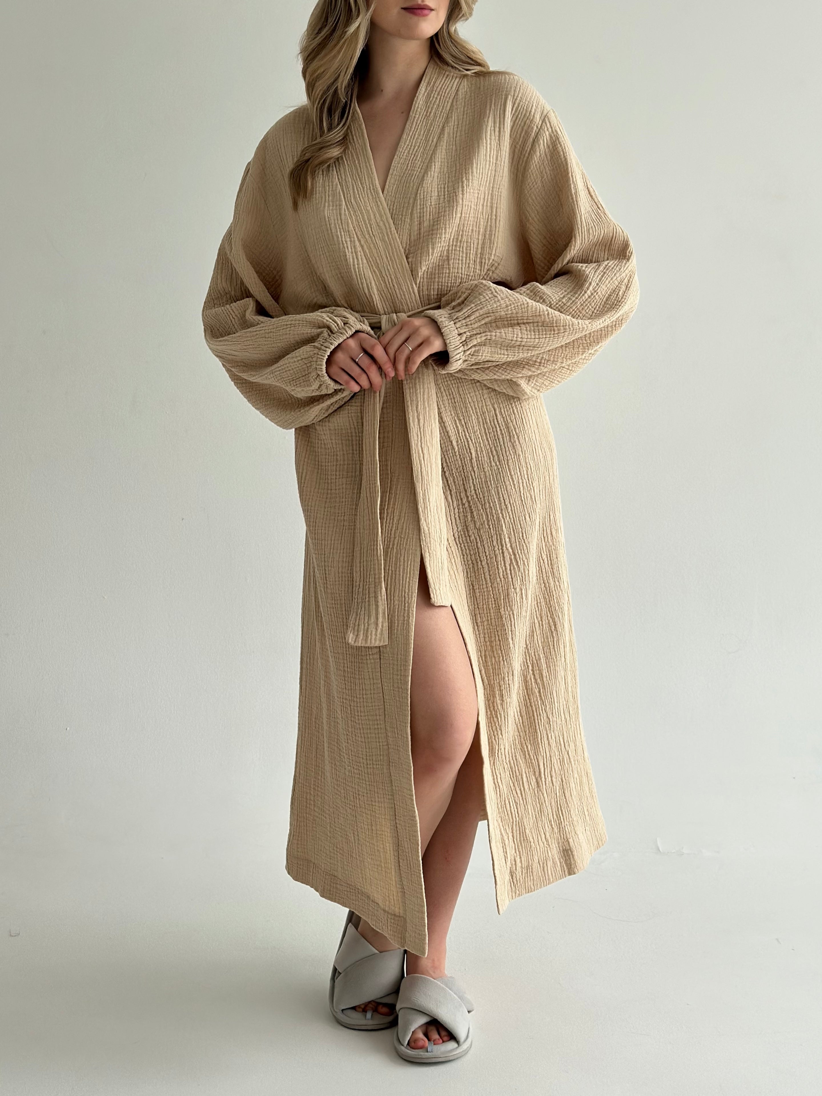 Muslin Robe long beige 2-layer.