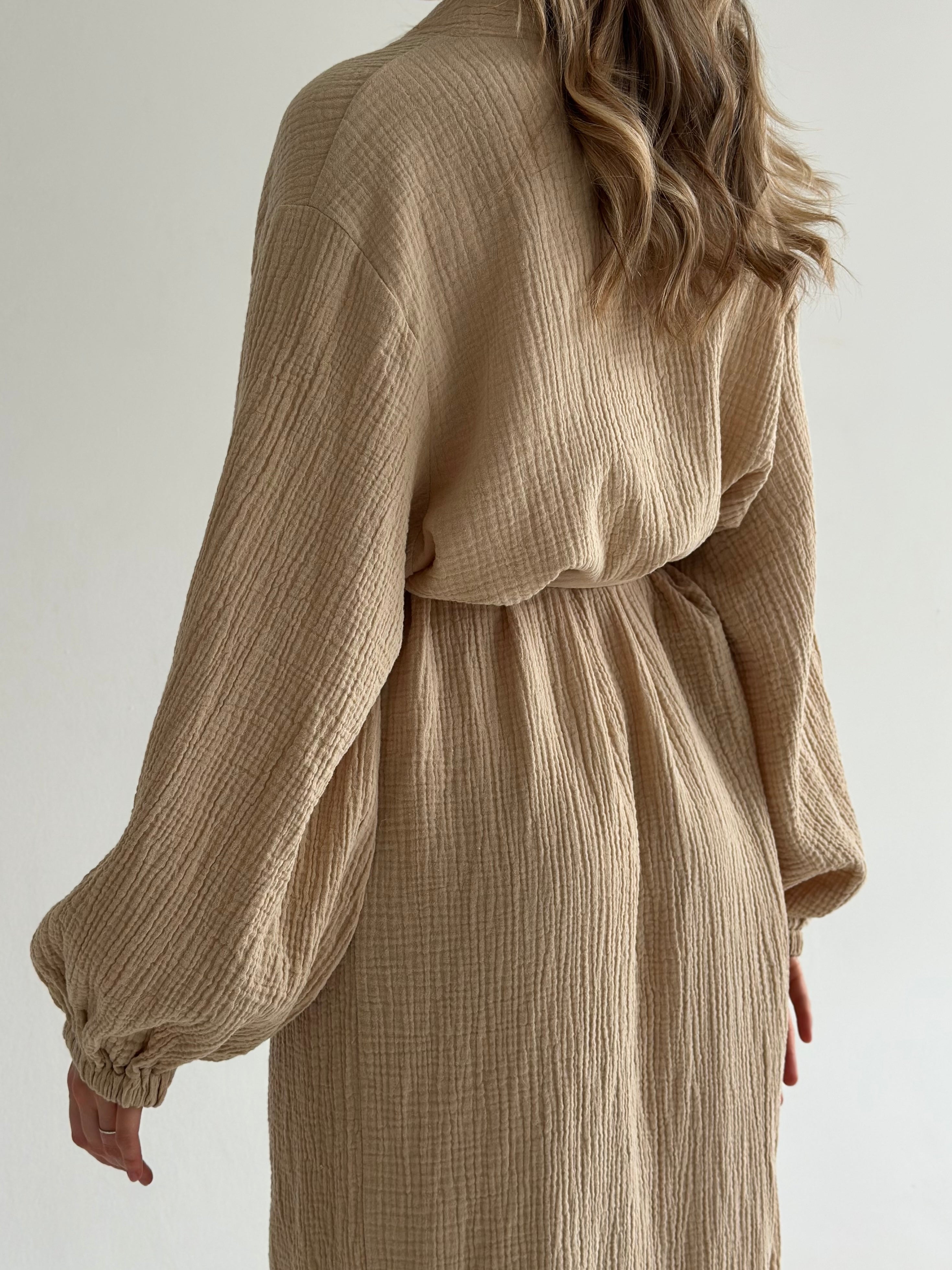 Muslin Robe long beige 2-layer.