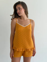 Muslin T-shirt and shorts suit, white and mustard polka dots