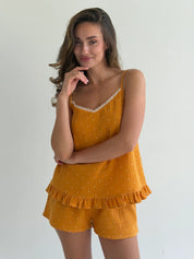Muslin T-shirt and shorts suit, white and mustard polka dots