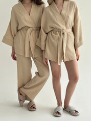 Muslin set 2-layer kimono and shorts beige