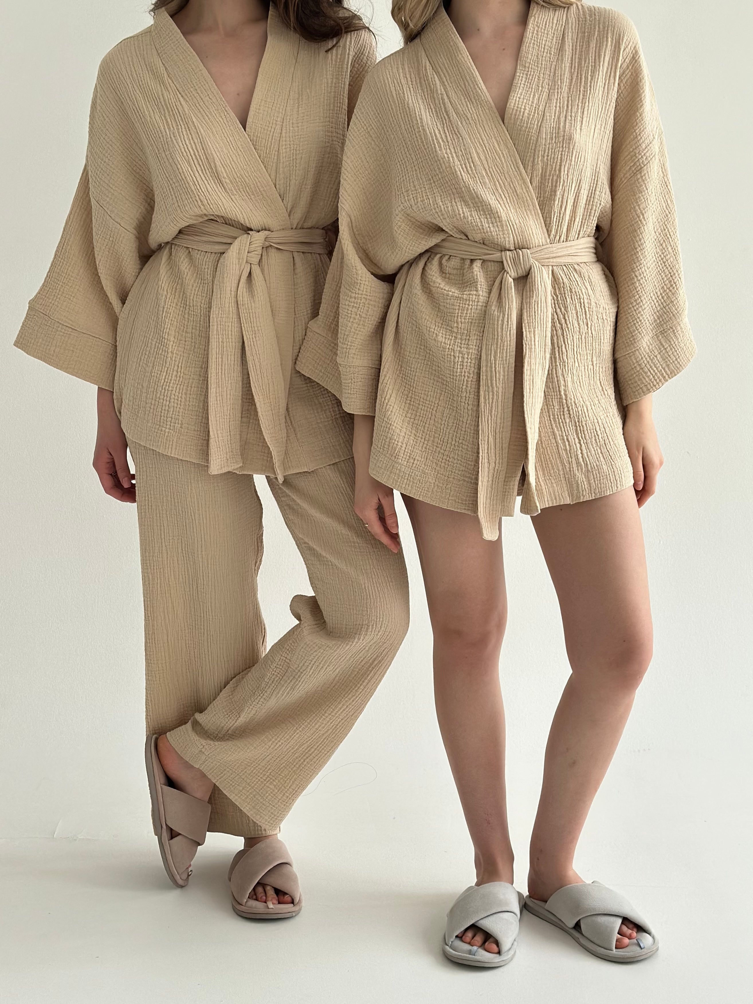 Muslin set 2-layer kimono and shorts beige