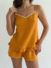 Muslin T-shirt and shorts suit, white and mustard polka dots