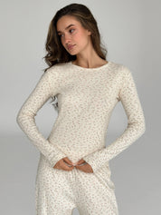 Ribbed knitted suit wide pants and longsleeves pink flower