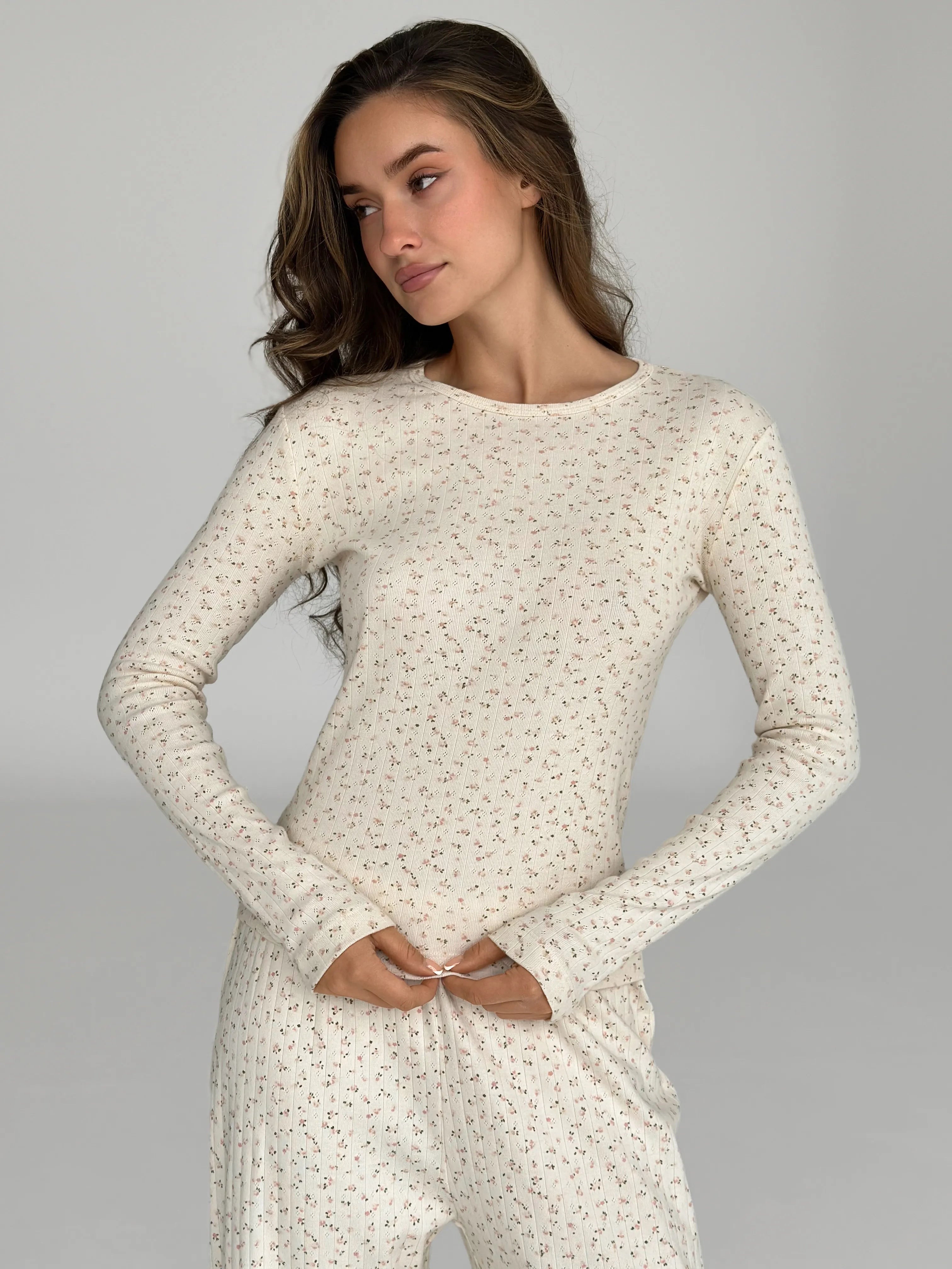 Ribbed knitted suit wide pants and longsleeves pink flower