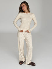 Ribbed knitted suit wide pants and longsleeves pink flower