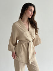 Muslin set 2-layer kimono and pants beige