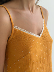 Muslin T-shirt and shorts suit, white and mustard polka dots