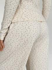 Ribbed knitted suit wide pants and longsleeves pink flower