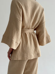 Muslin set 2-layer kimono and pants beige