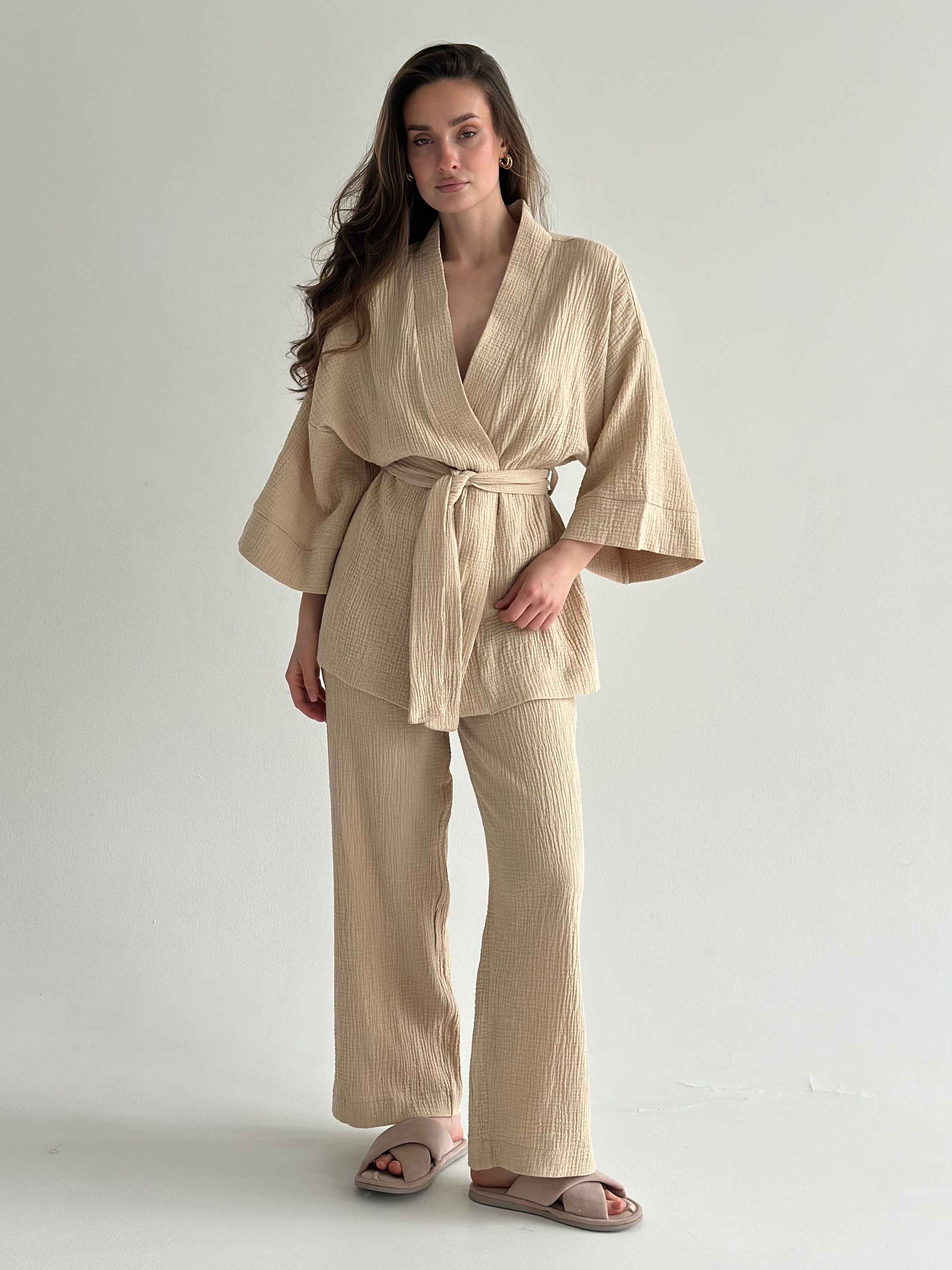 Muslin set 2-layer kimono and pants beige