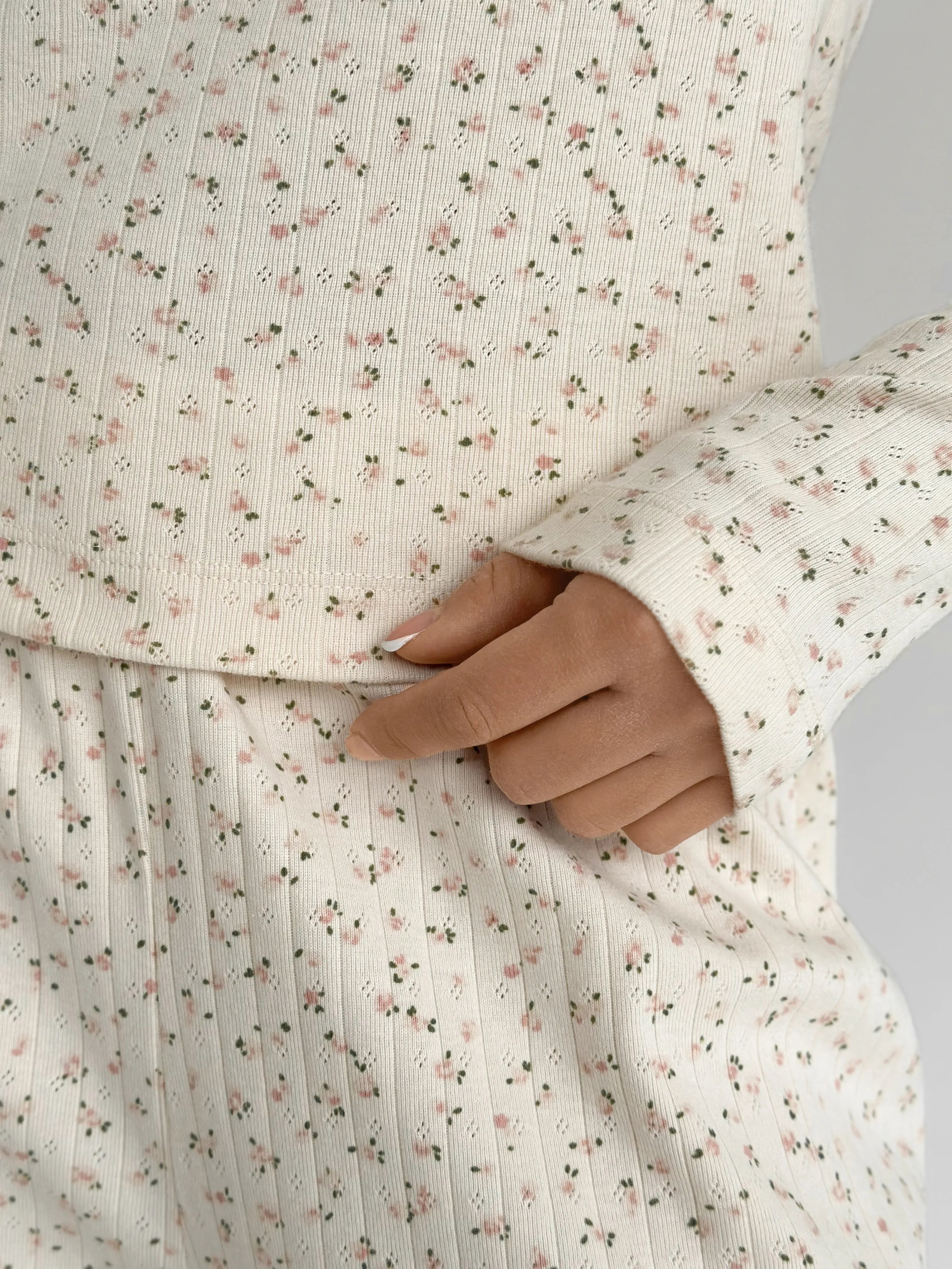 Ribbed knitted suit wide pants and longsleeves pink flower