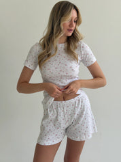 T-shirt and shorts set, ribbed, small pink flower on white