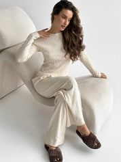 Ribbed knitted suit wide pants and longsleeves pink flower