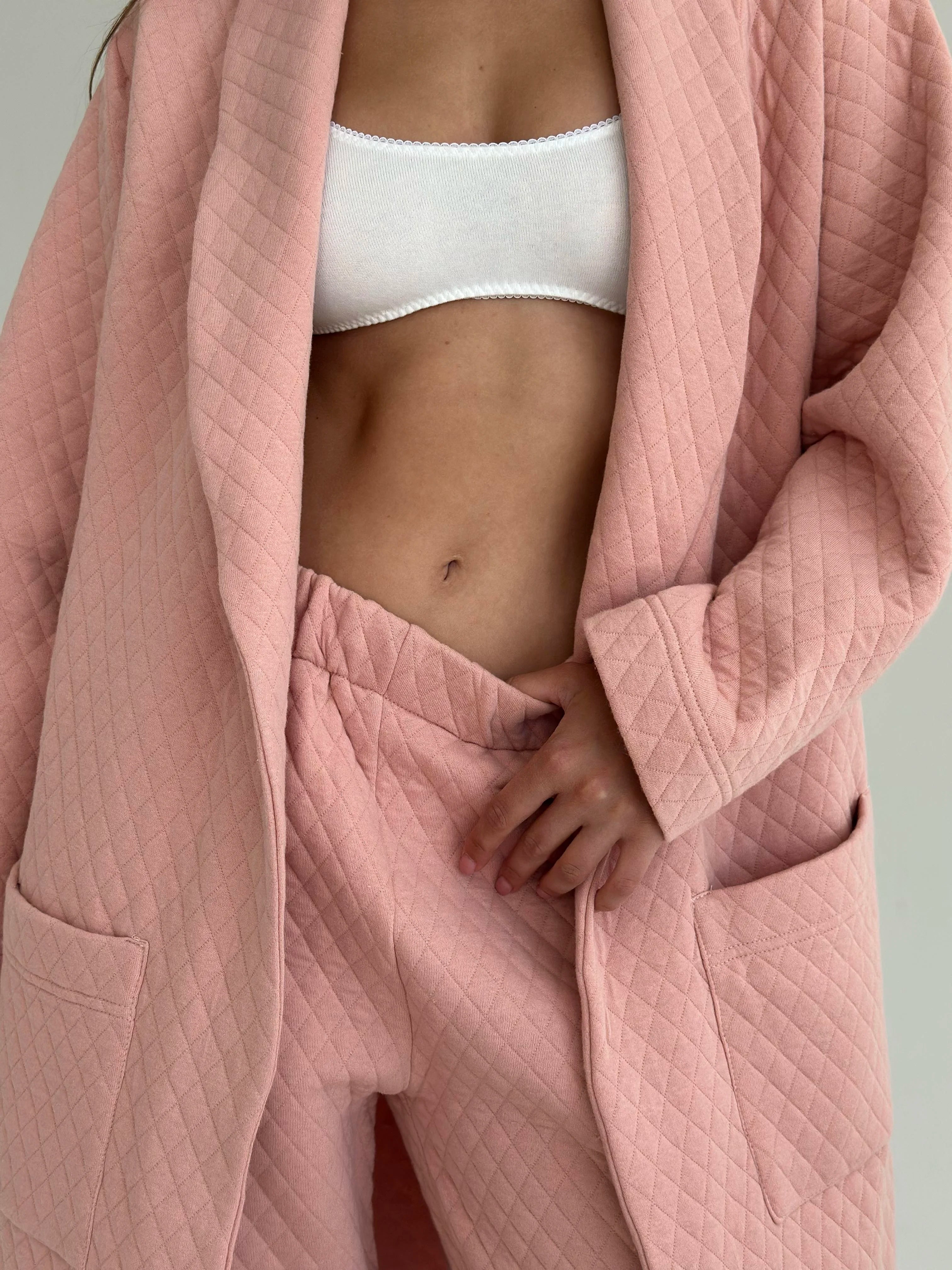 Pink quilted knit bathrobe