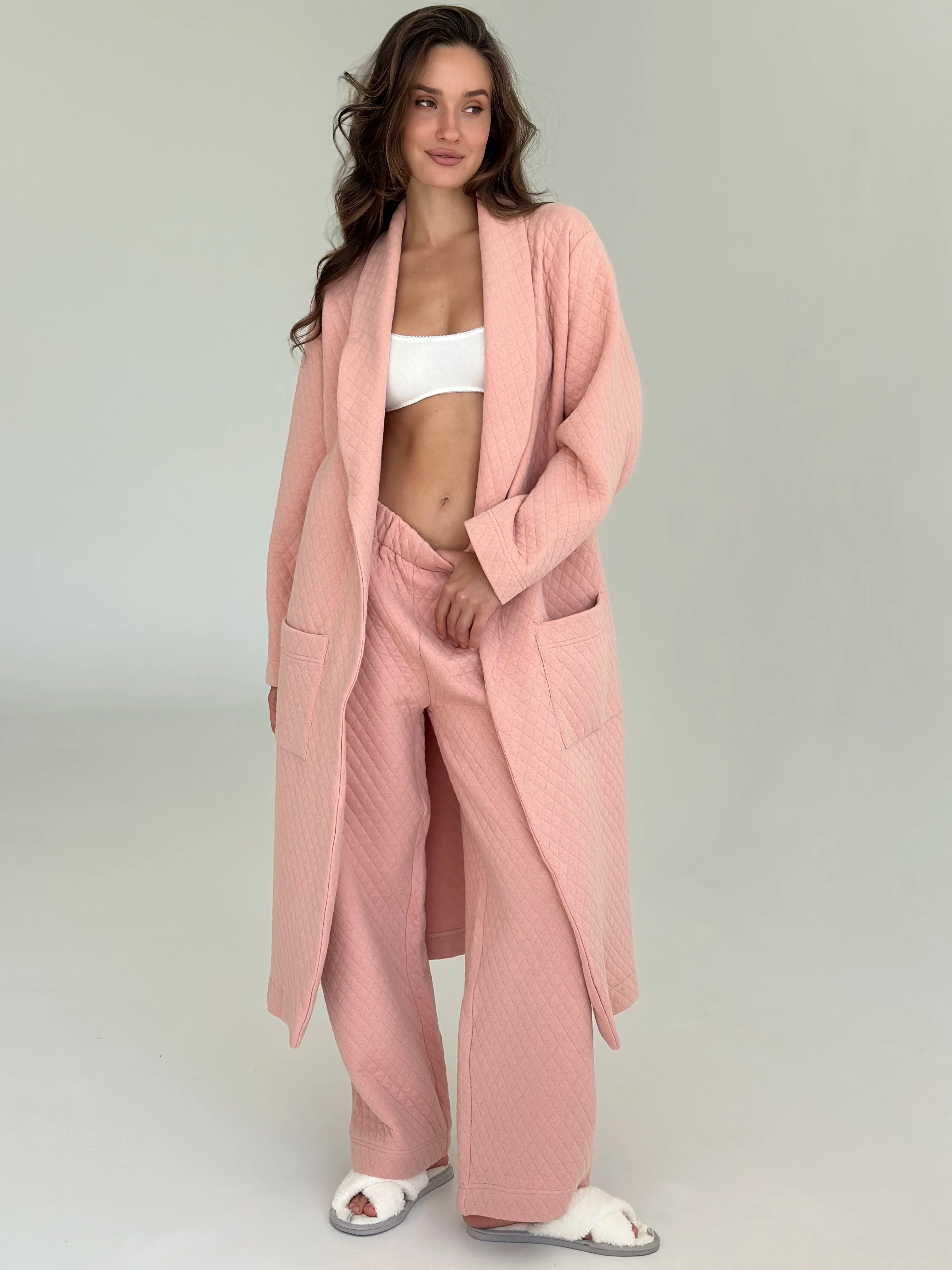Pink quilted knit bathrobe