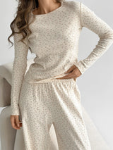 Ribbed knitted suit wide pants and longsleeves pink flower