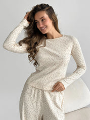 Ribbed knitted suit wide pants and longsleeves pink flower