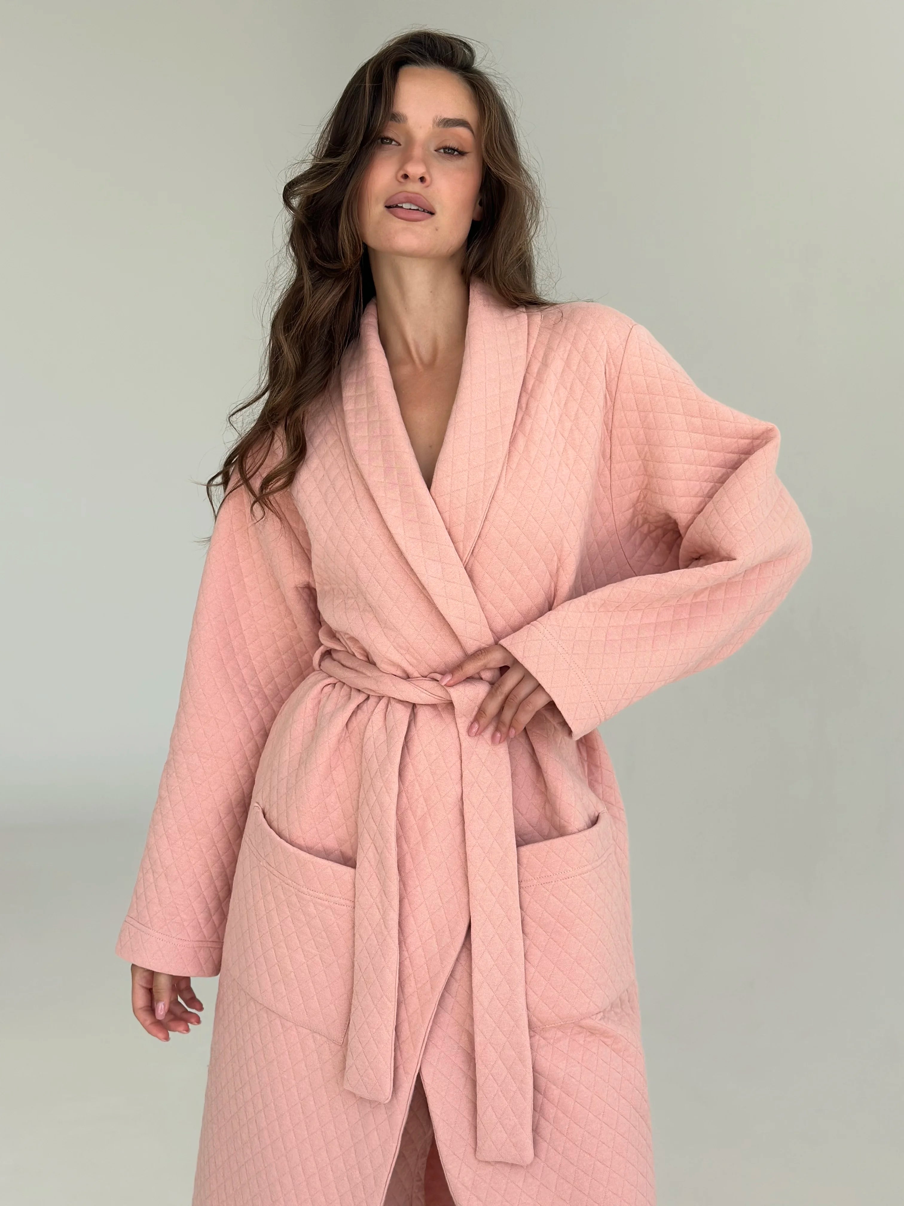 Pink quilted knit bathrobe