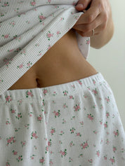 T-shirt and shorts set, ribbed, small pink flower on white