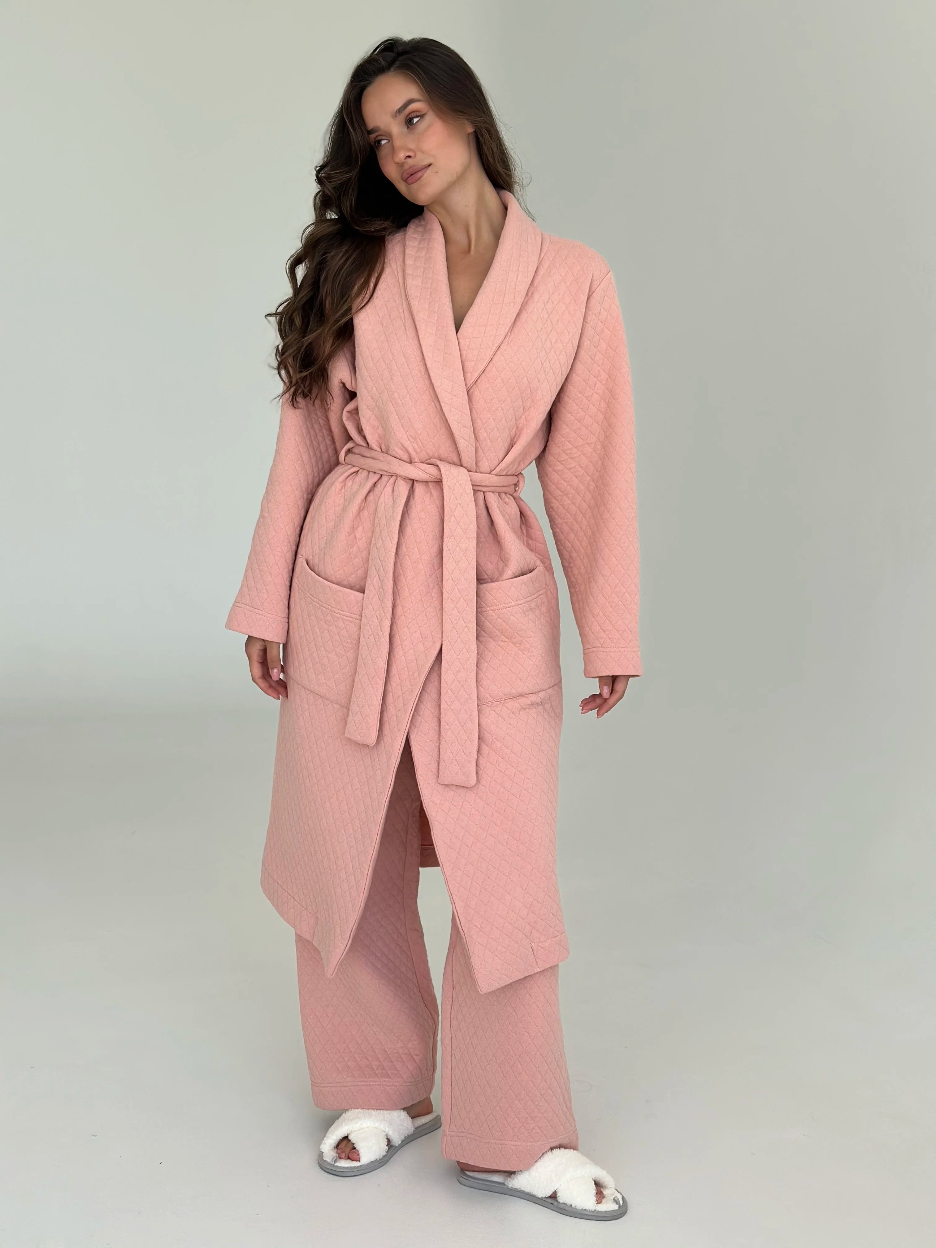 Pink quilted knit bathrobe