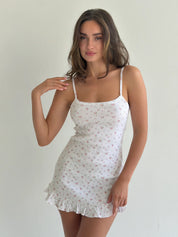Sleep dress with ruffles, ribbed, small pink flower on white