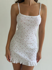 Sleep dress with ruffles, ribbed, small pink flower on white