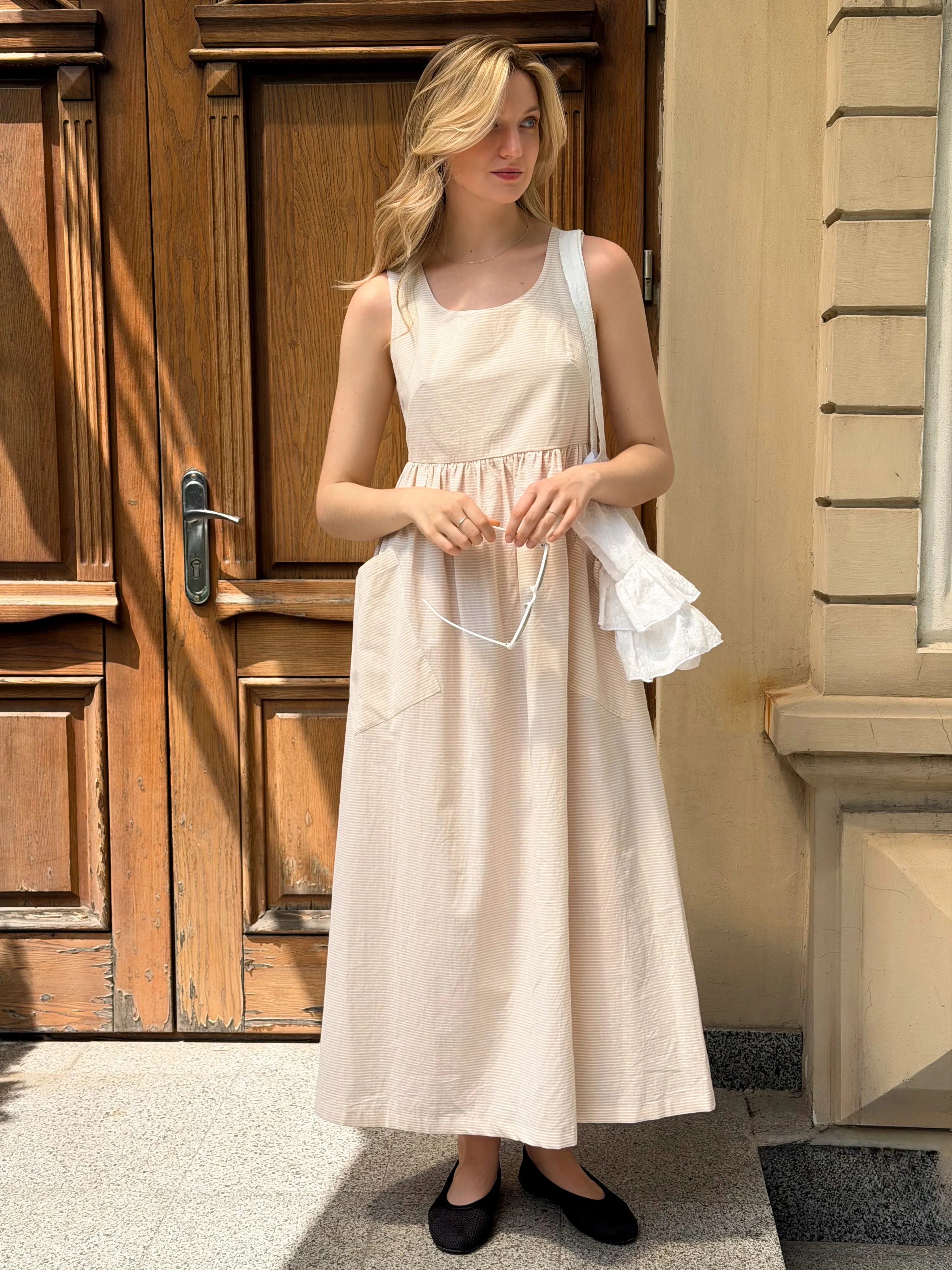 Cotton sundress, thin stripe, with patch pockets, beige/milk