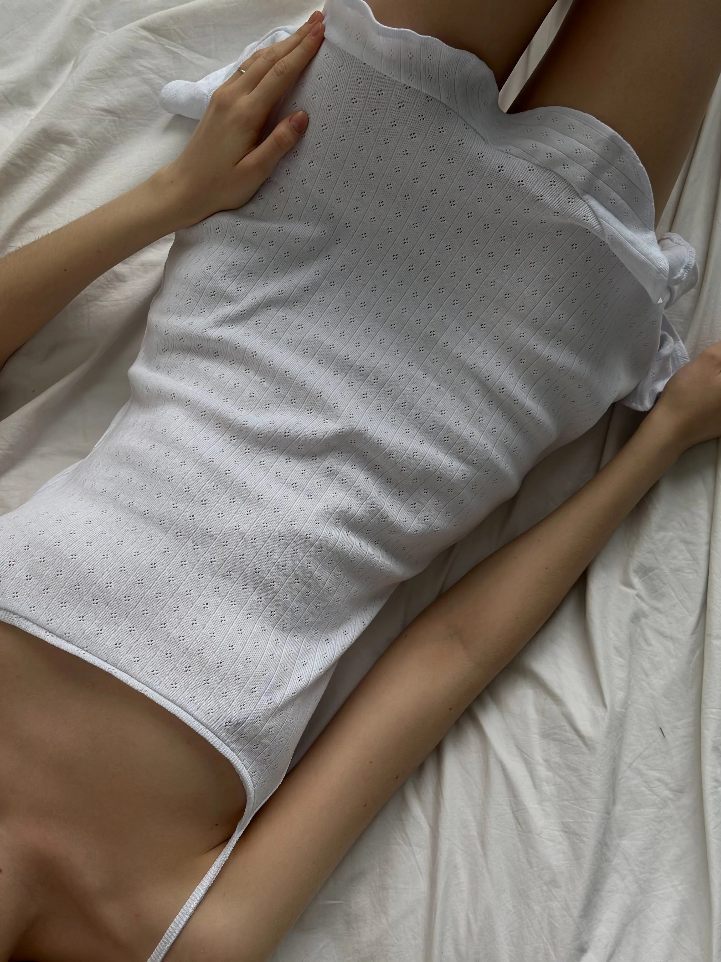 White ribbed sleep dress with ruffles