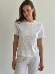 Set of t-shirt and pants ribbed small pink flower on white