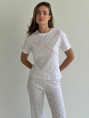 Set of t-shirt and pants ribbed small pink flower on white