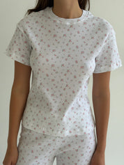 Set of t-shirt and pants ribbed small pink flower on white