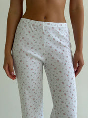 Set of t-shirt and pants ribbed small pink flower on white