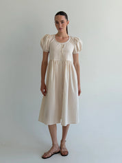 Cotton dress with thin stripes and buttons, beige/milk