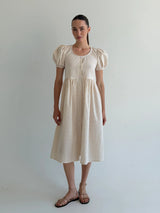 Cotton dress with thin stripes and buttons, beige/milk