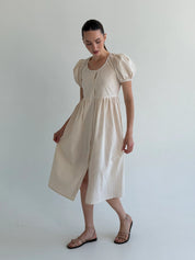 Cotton dress with thin stripes and buttons, beige/milk