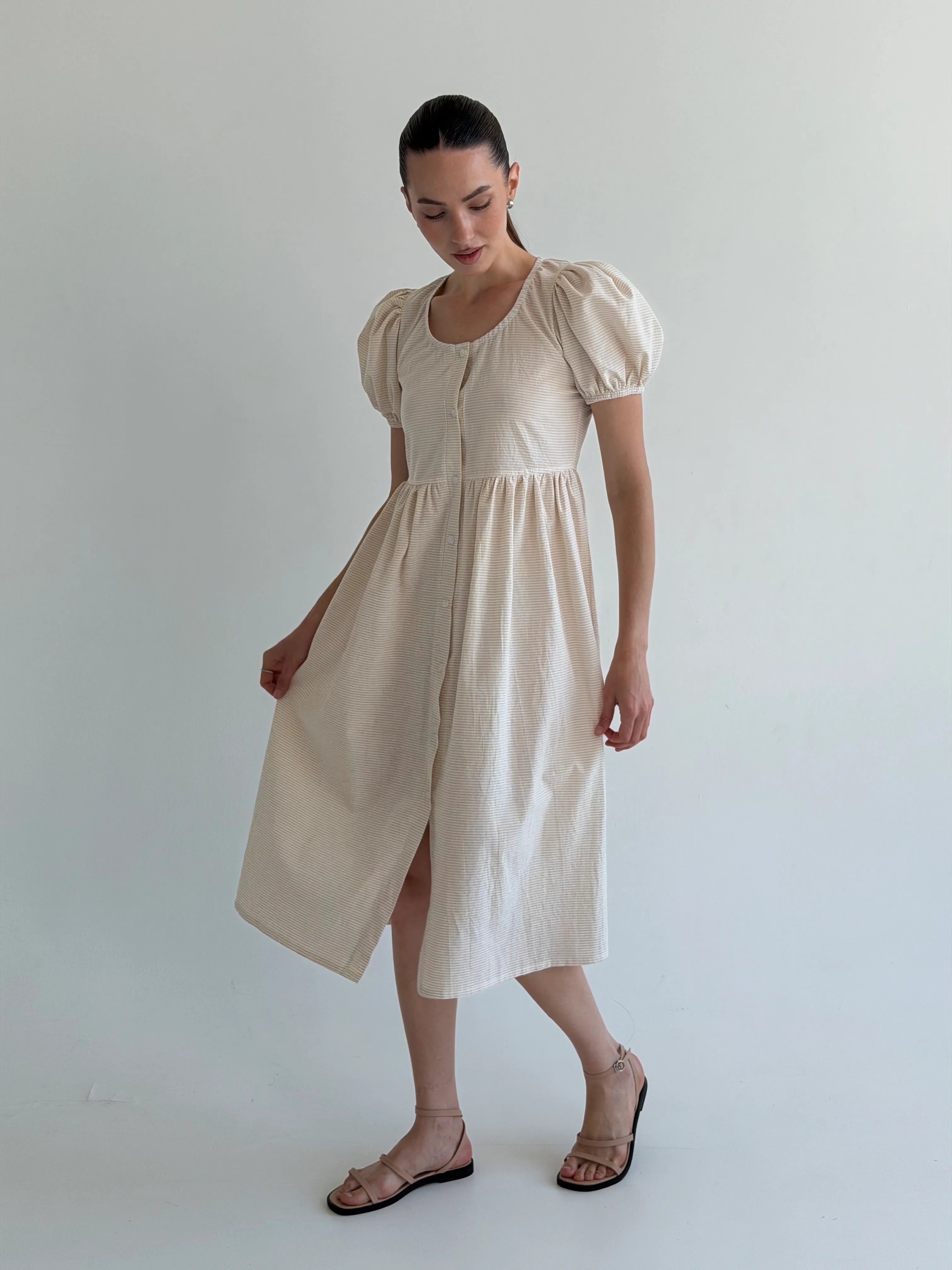 Cotton dress with thin stripes and buttons, beige/milk