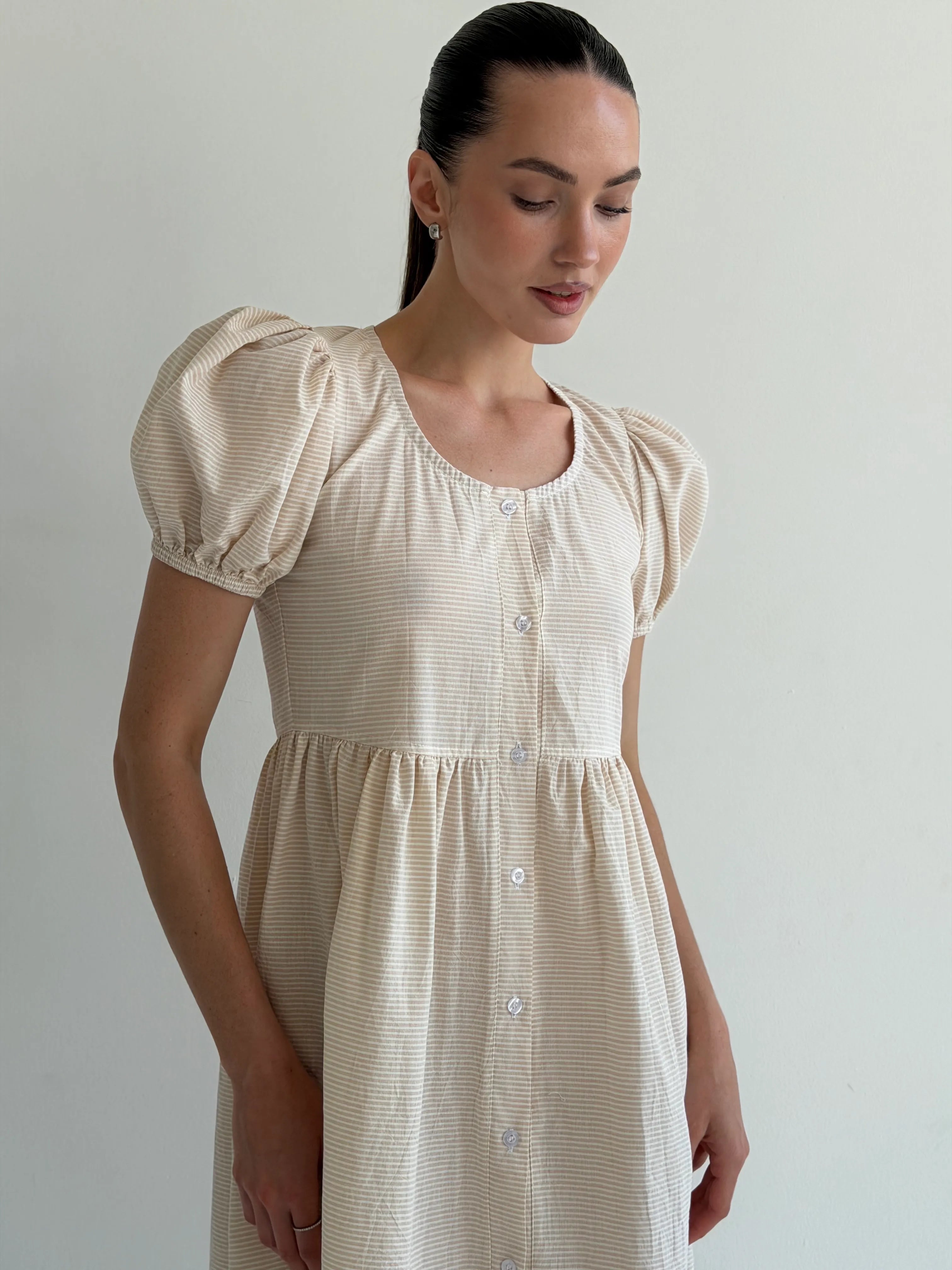 Cotton dress with thin stripes and buttons, beige/milk
