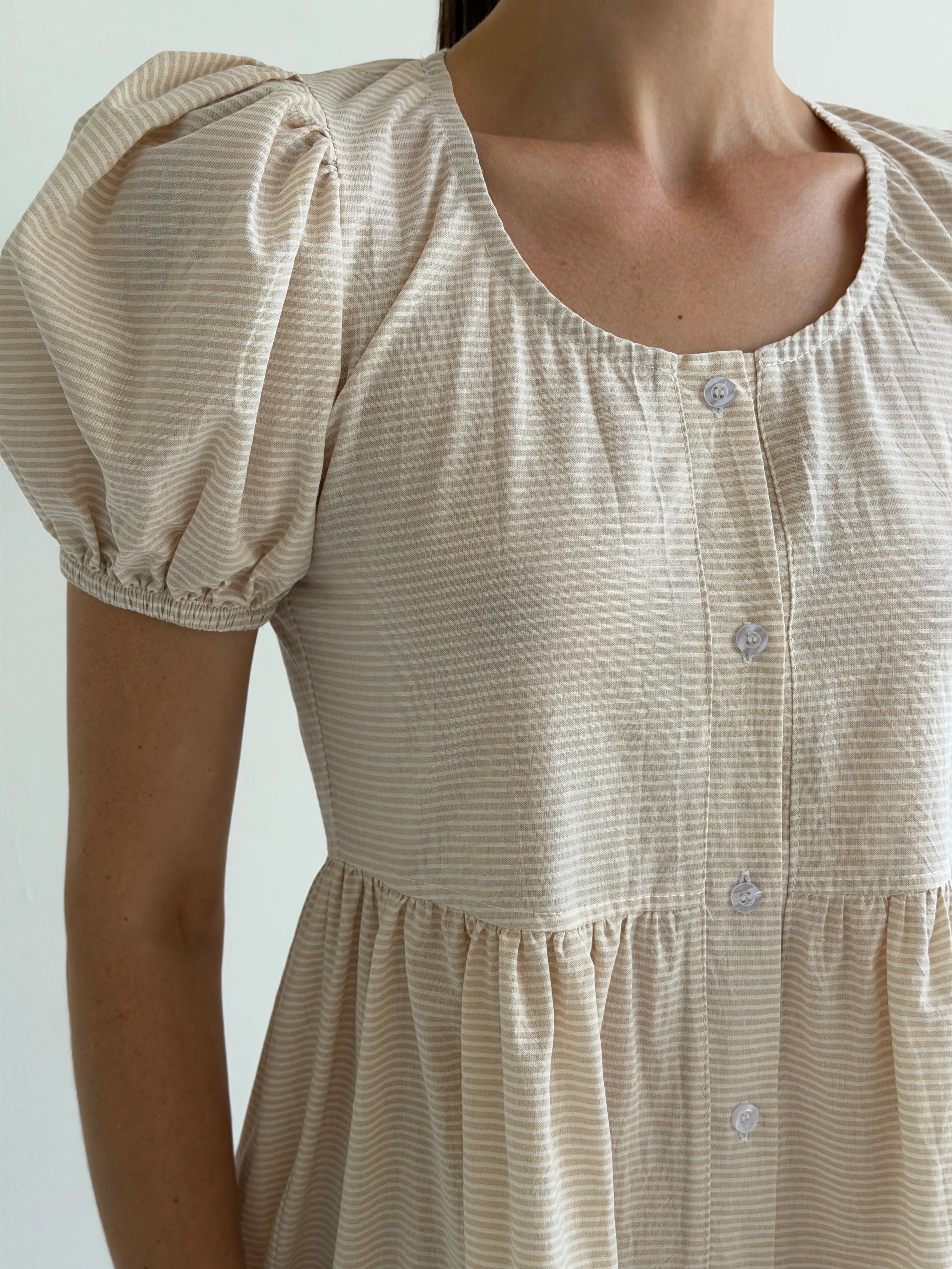 Cotton dress with thin stripes and buttons, beige/milk